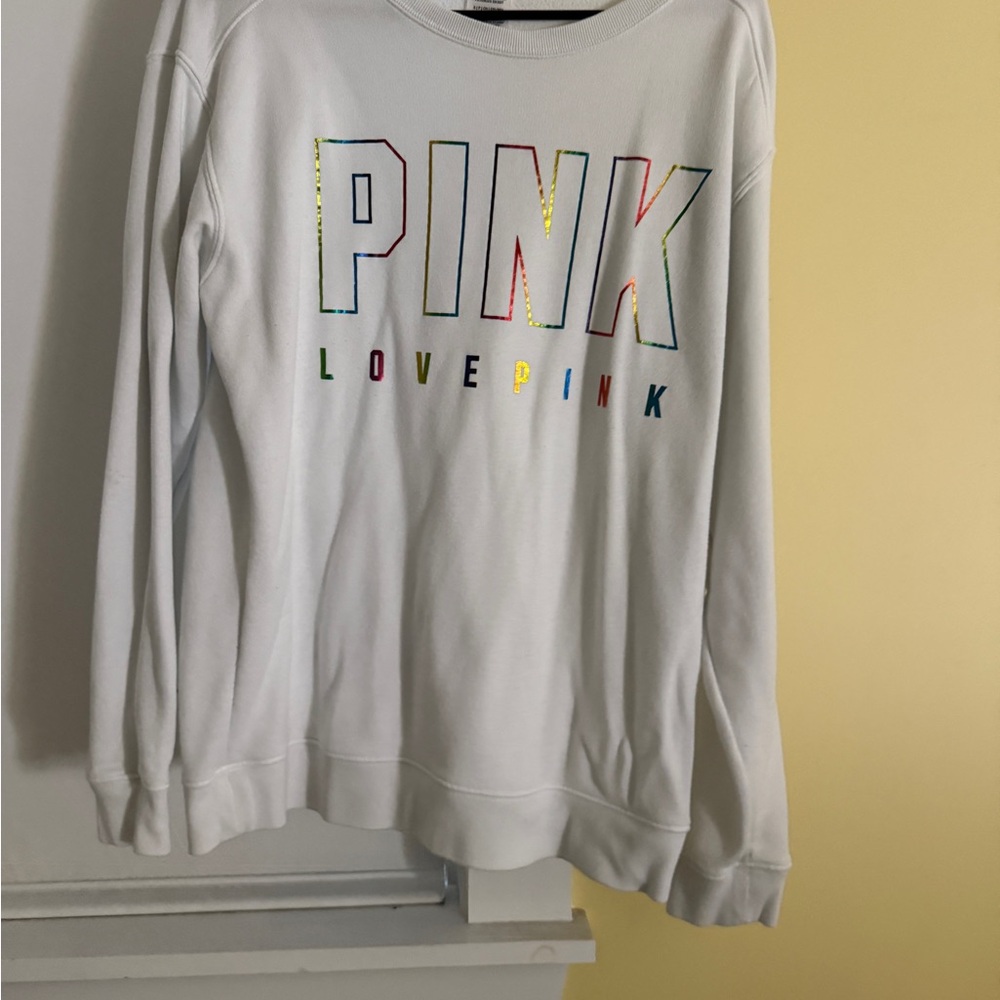 PINK Victoria's Secret White 'Love PINK' Crewneck Sweatshirt 2020
